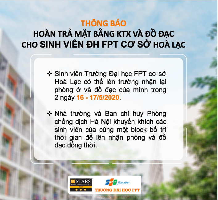 Thông báo Hoàn trả mặt bằng KTX và đồ đạc cho sinh viên ĐH FPT cơ sở Hoà Lạc